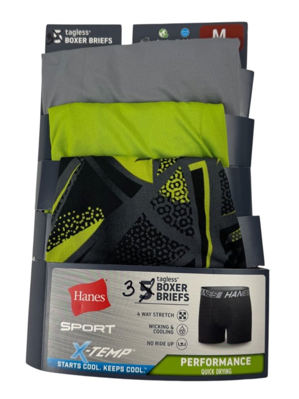 Hanes NEW 3-Pack Sport X-Temp Boxer Brief Youth Med (10-12) Grey Lime Green